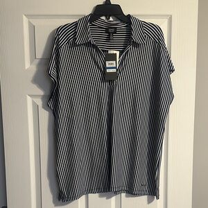 Jones New York Navy and White Striped Blouse